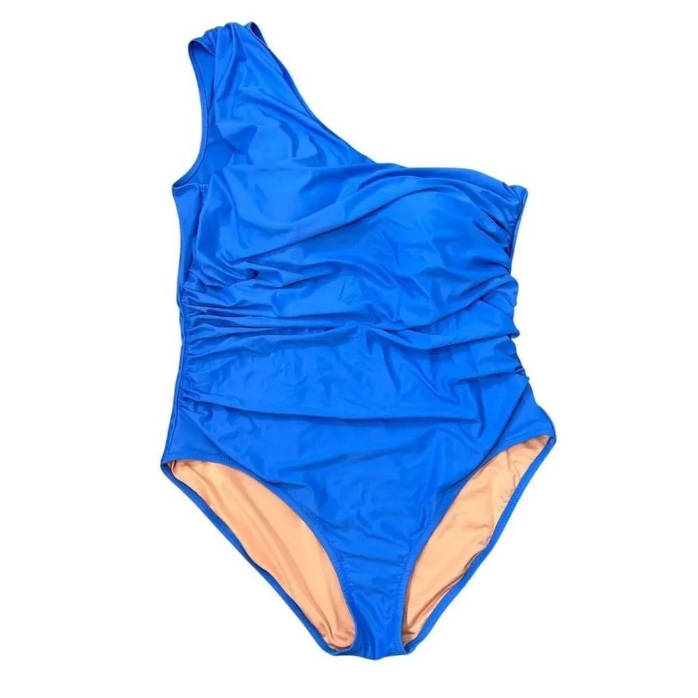 J. Crew One-Piece Swimsuit 20 plus Blue Ruched One-Shoulder Swim Bathing Suit